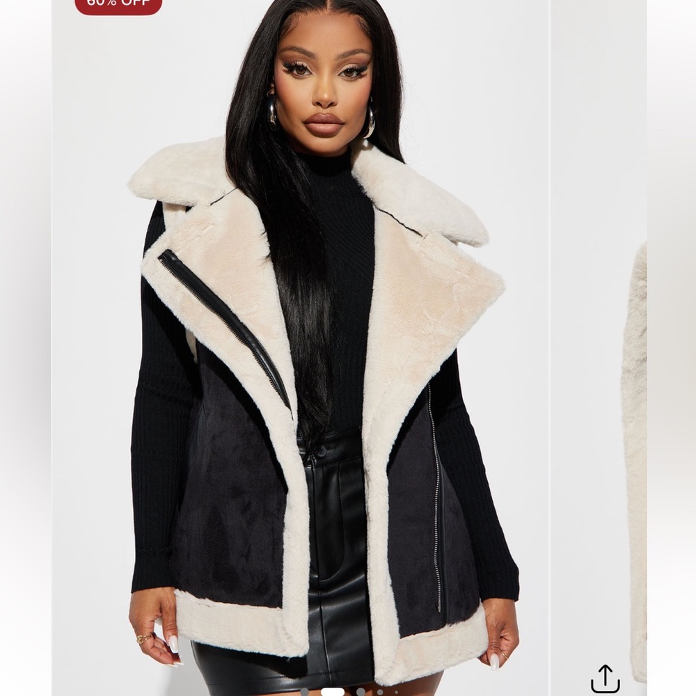 Fashion Nova Black and Cream Shearling Vest